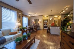 A cozy living room in an apartment in The Woodlands, TX, featuring beautiful hardwood floors and the added comfort of a ceiling fan.