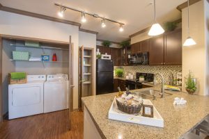 An apartment in The Woodlands TX featuring a kitchen with a washer and dryer.