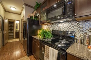 Apartments in The Woodlands TX featuring a kitchen with a black stove and microwave.