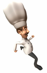 A cartoon chef running on a white background in The Woodlands TX.