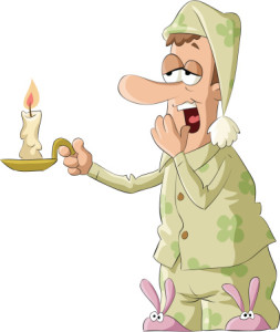 A cartoon man in pajamas holding a candle in an apartment in The Woodlands, TX.