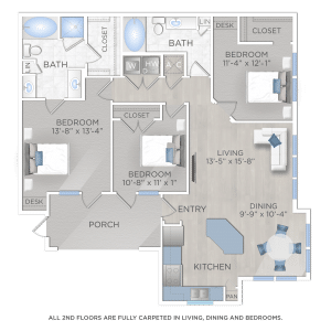 Apartments in The Woodlands For Rent A floor plan of three bedroom apartments showing two bathrooms, a living room, a dining area, a kitchen, a porch, and multiple closets. All second floors are fully carpeted in living, dining, and bedrooms. The Woodlands Lodge Apartments 2500 S Millbend Dr, The Woodlands, TX 77380