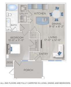 Explore a floor plan for a one bedroom apartment in The Woodlands, TX.