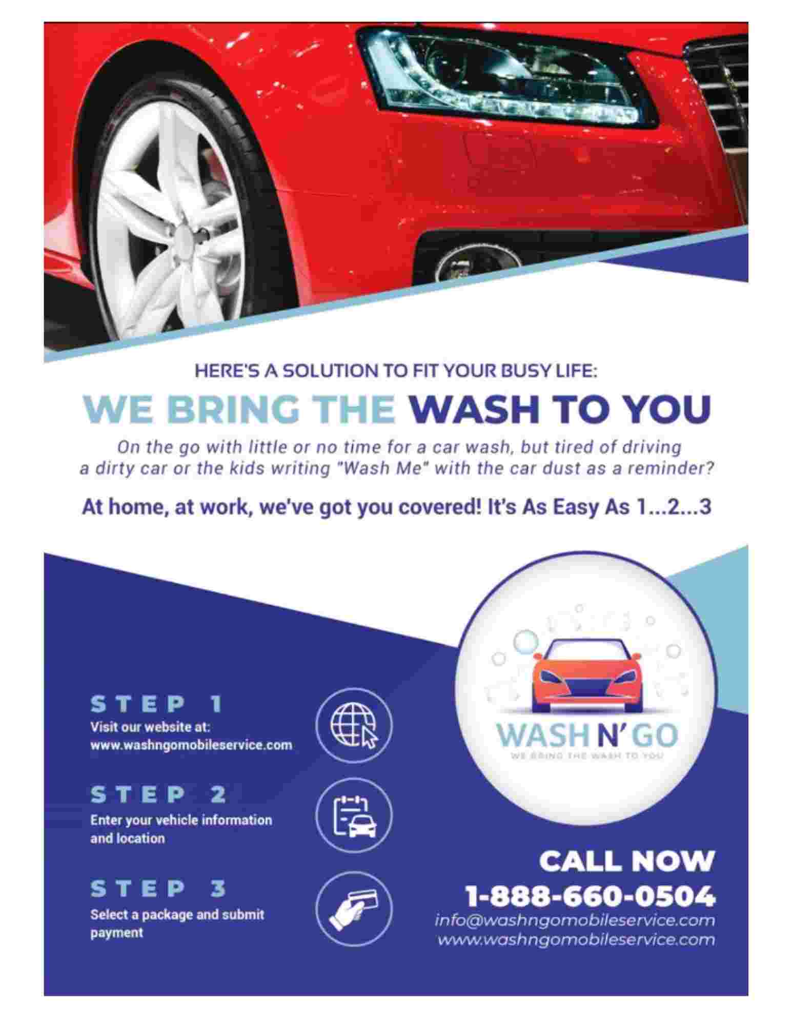 A car wash flyer with an image of a red car, targeting residents in Apartments in The Woodlands TX.