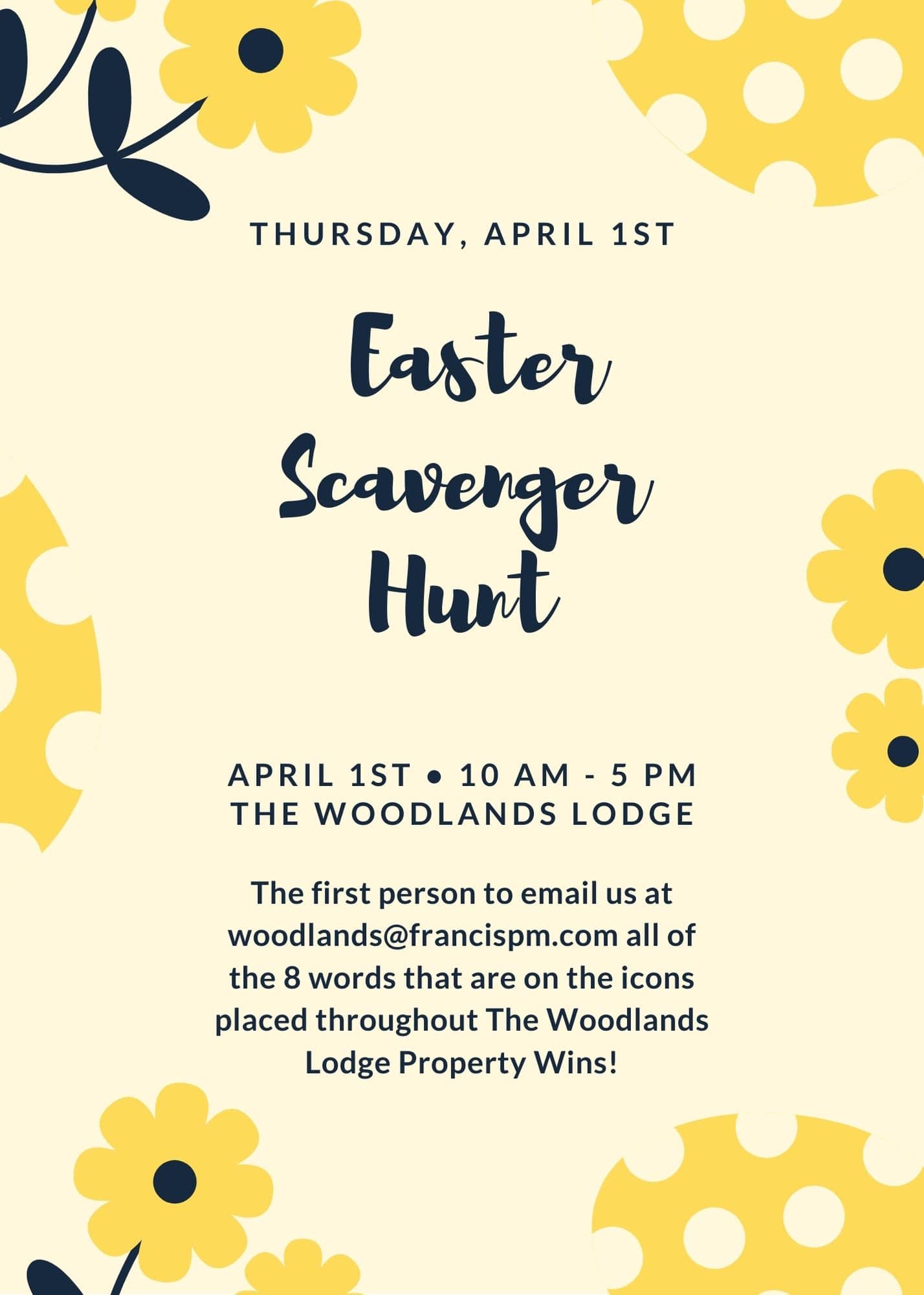 Easter scavenger hunt flyer for Apartments in The Woodlands TX.