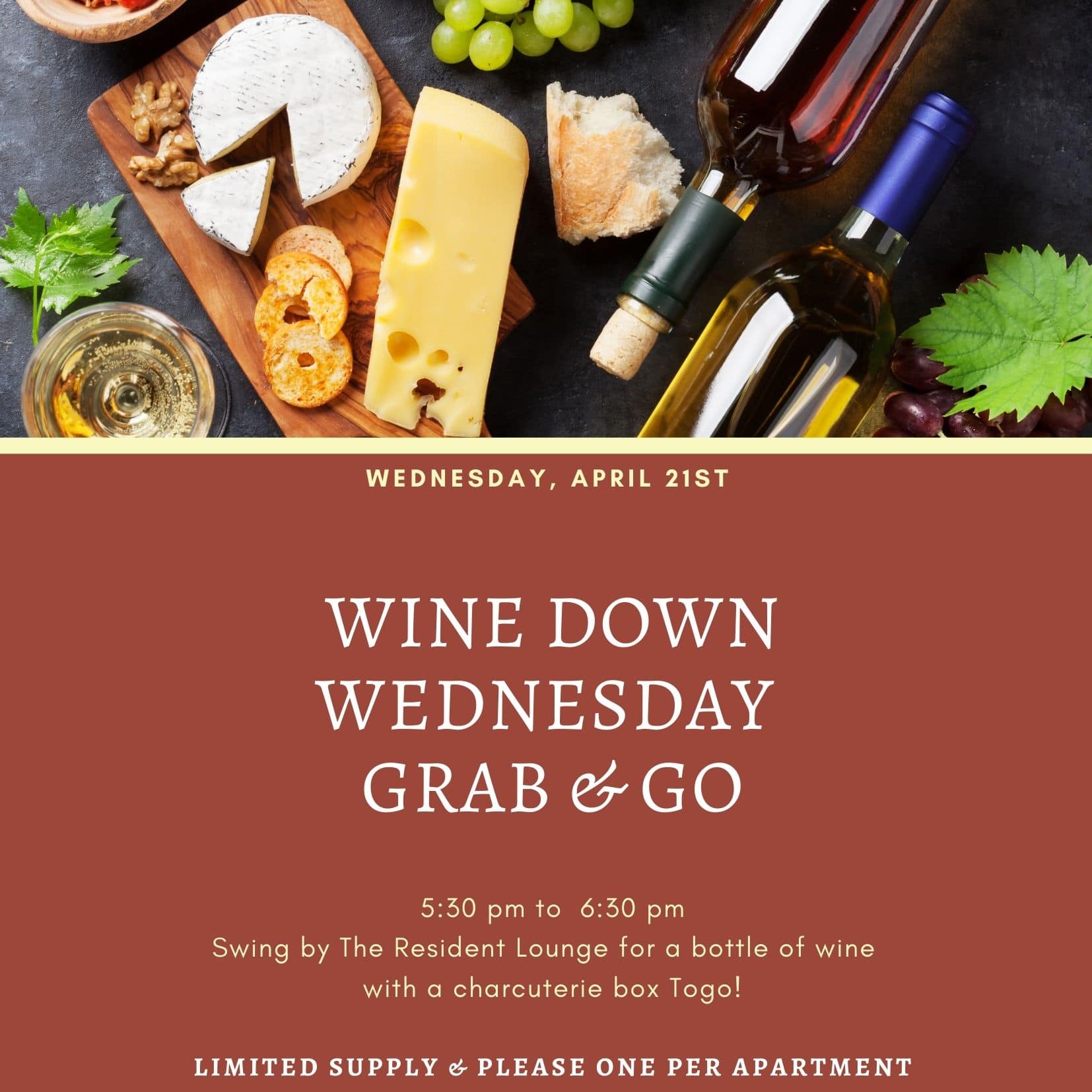 Join us for Wine Down Wednesday at our apartments in The Woodlands, TX. This grab and go event is the perfect way to unwind after a long day. Discover the ultimate convenience of living in our
