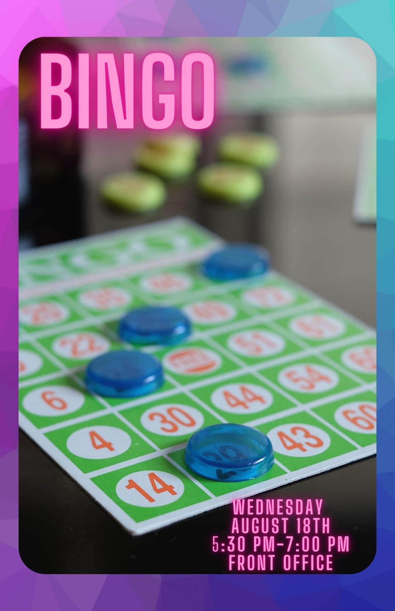 A flyer advertising bingo events at apartments in The Woodlands, TX.