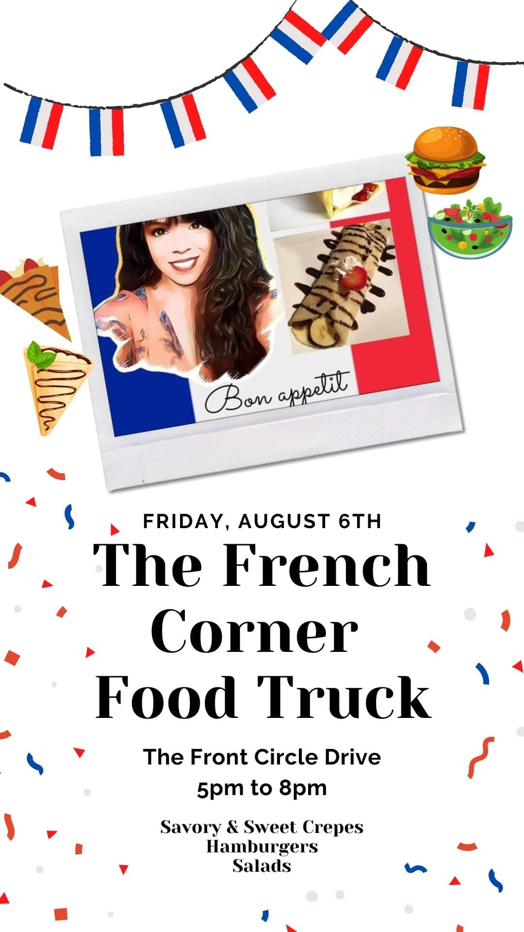 The French Corner food truck flyer is perfect for residents looking for apartments in The Woodlands TX.