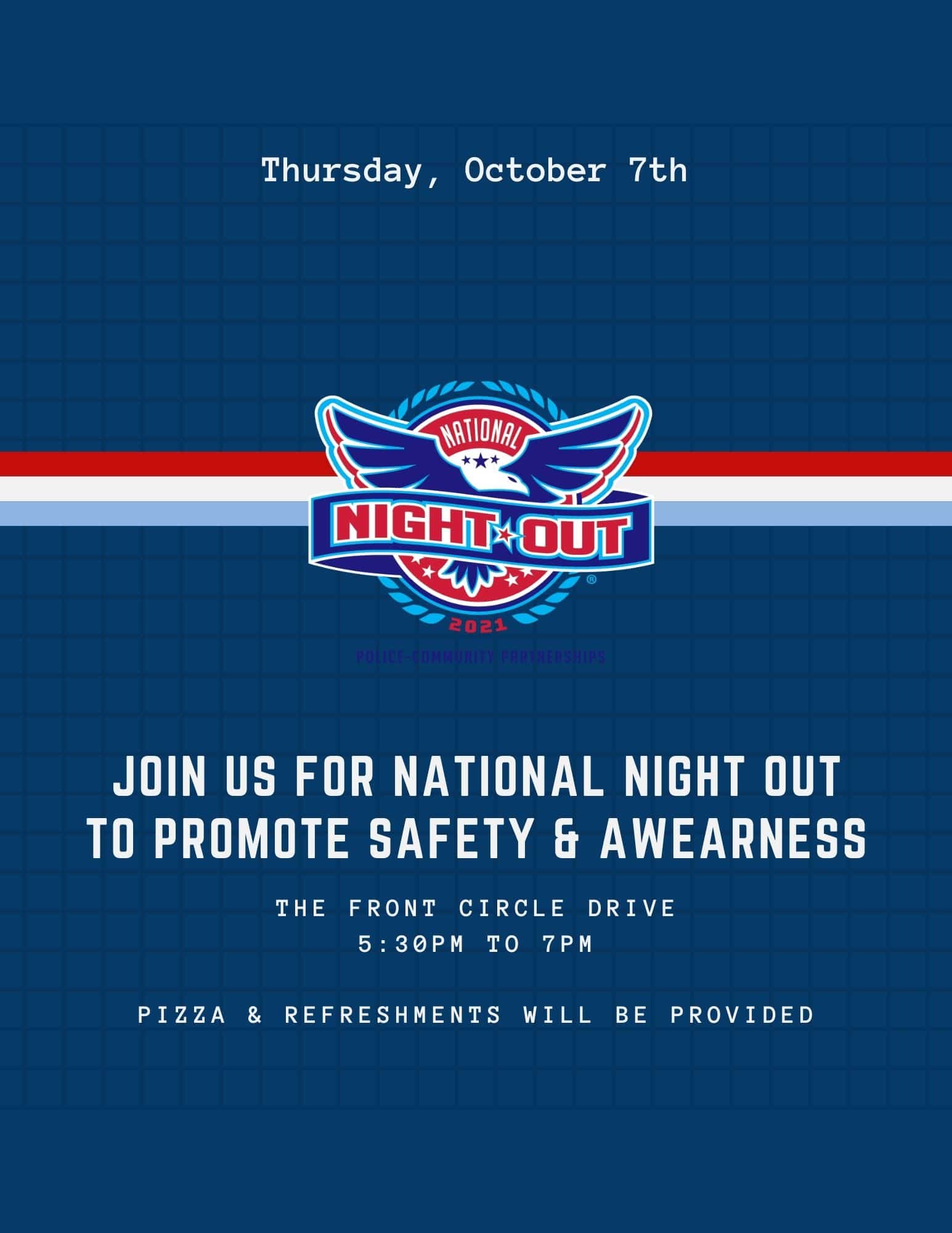 A flyer for a national night out to promote safety and awareness in The Woodlands TX.