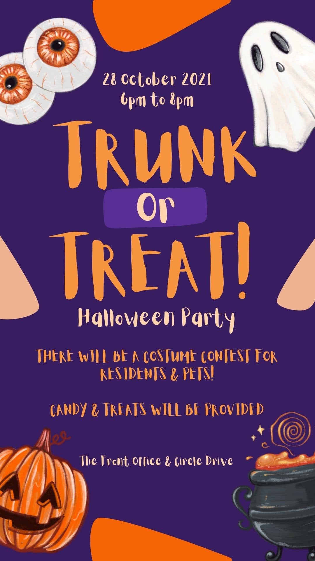 Trunk or treat Halloween party flyer for apartments in The Woodlands TX.