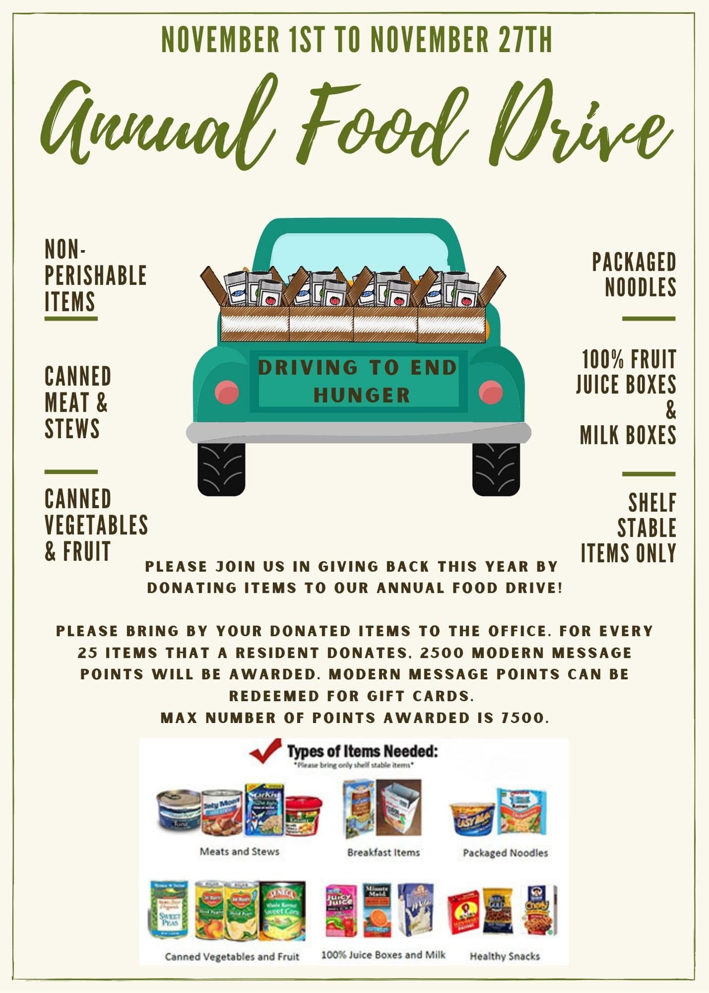 A flyer for the annual food drive in Apartments for rent Woodlands TX.