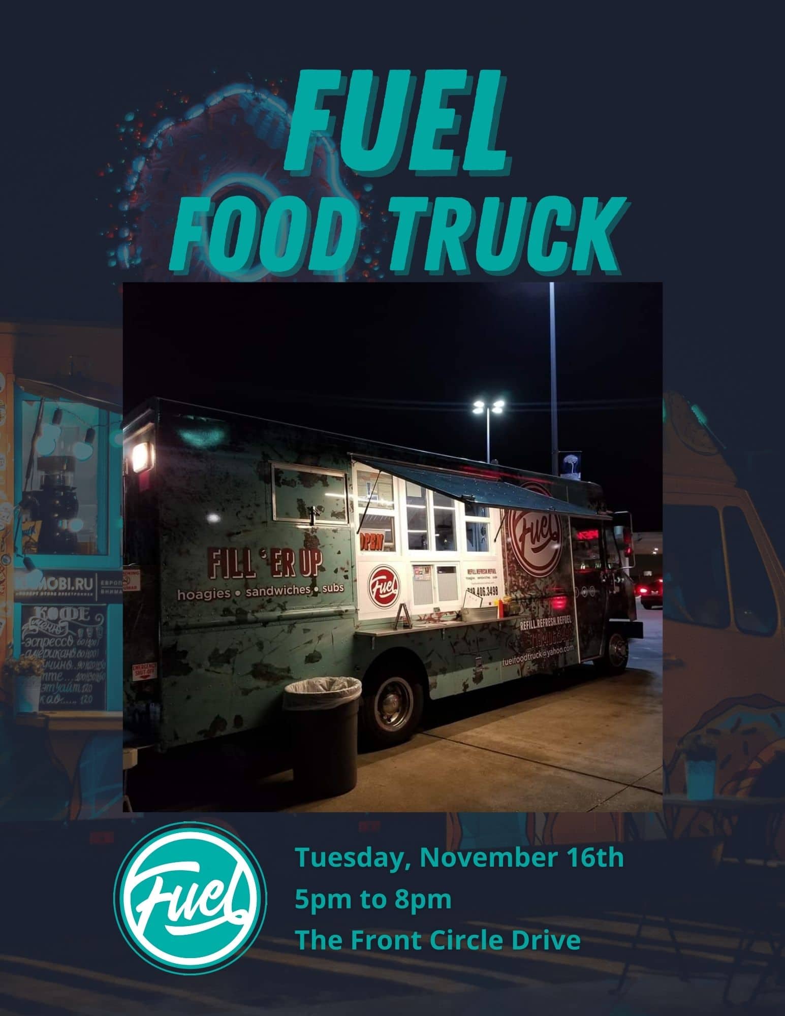 A poster showcasing the fuel food truck, conveniently located near apartments in The Woodlands, TX.