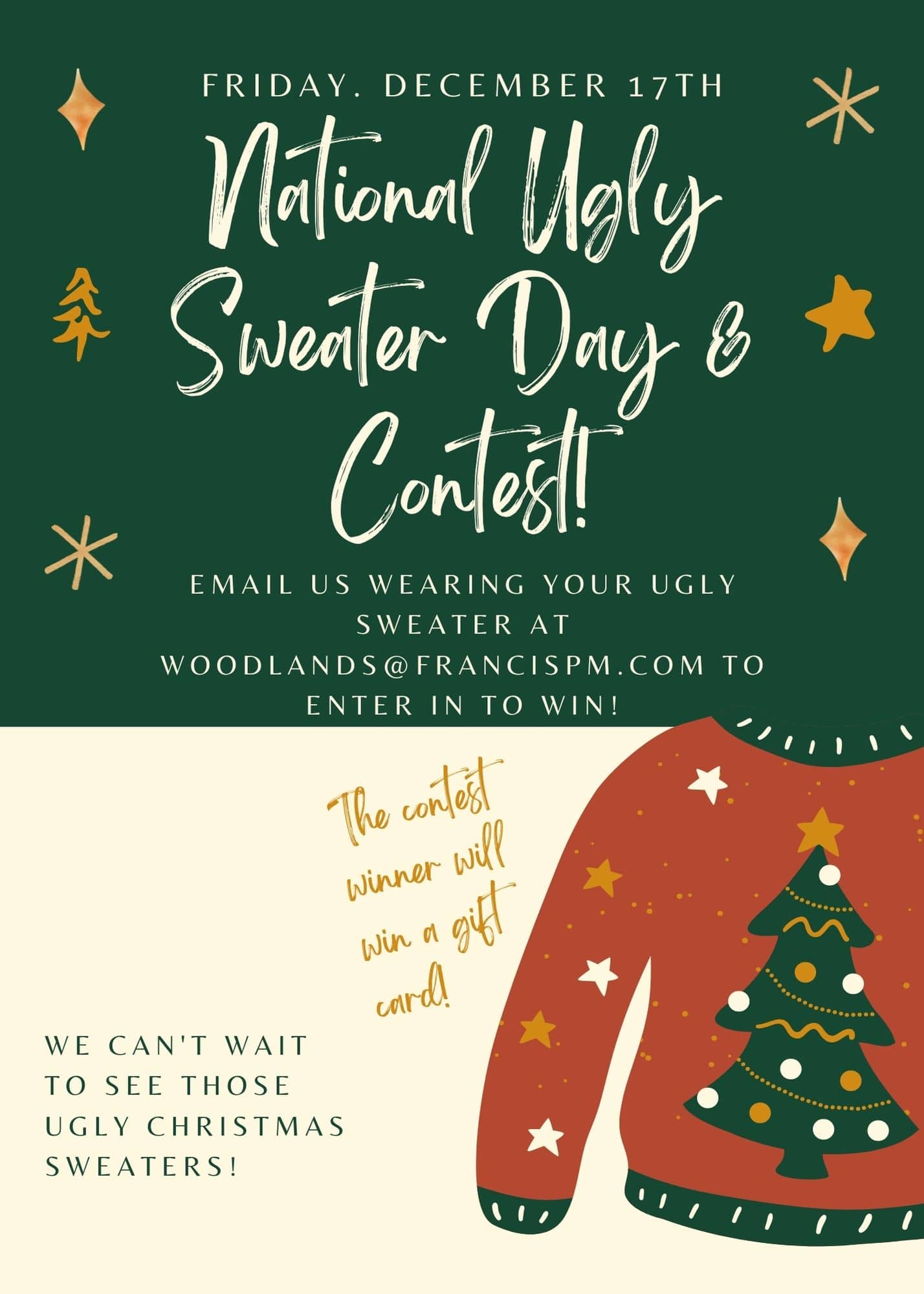A poster for a sweater day contest in The Woodlands TX.