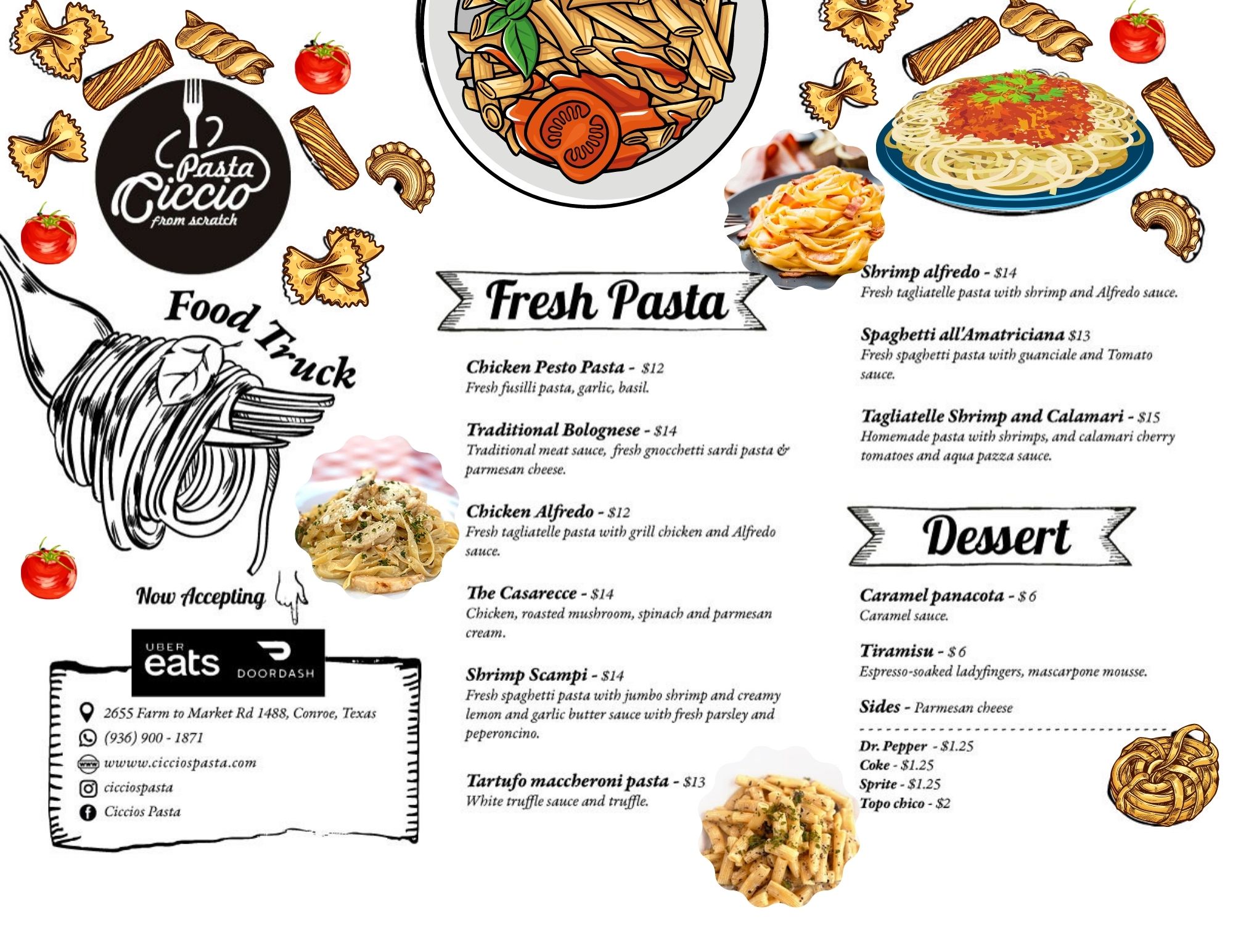 A restaurant menu featuring a variety of pasta dishes and other delectable food items.