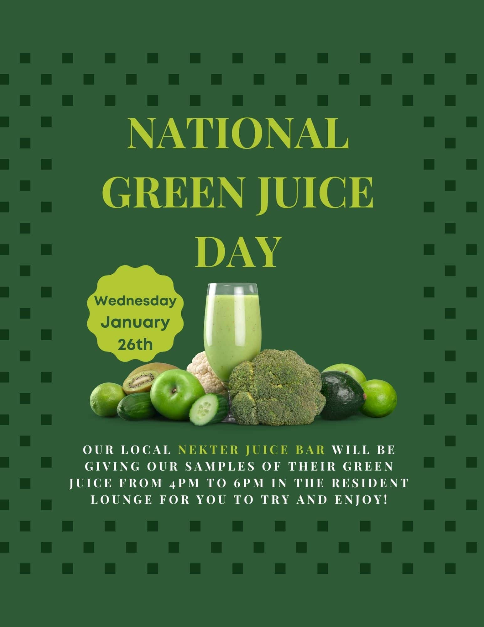 National green juice day poster featuring Apartments in The Woodlands TX.