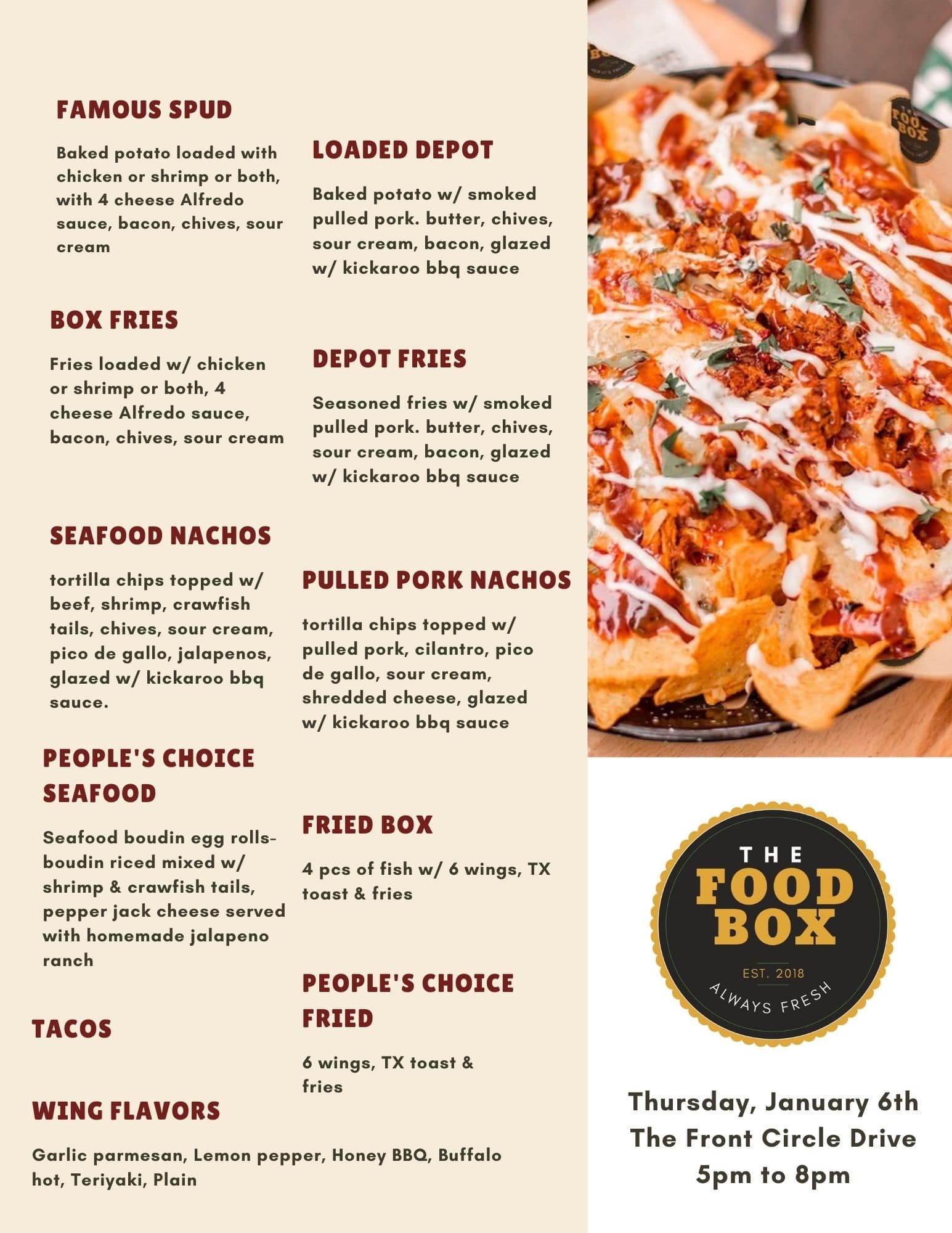 The Apartments in The Woodlands TX food box menu flyer.