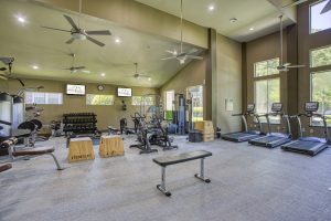 Apartments in The Woodlands For Rent A well-lit gym with high ceilings featuring treadmills, stationary bikes, weight benches, free weights, and exercise equipment. Large windows allow natural light into the space. The Woodlands Lodge Apartments 2500 S Millbend Dr, The Woodlands, TX 77380