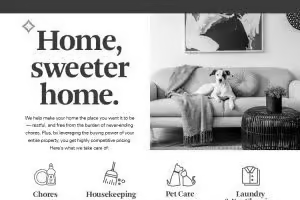 Apartments in The Woodlands For Rent Black and white image of a home interior featuring a couch with a dog sitting on it. Text reads, "Home, sweeter home," with icons and descriptions for chores, housekeeping, pet care, and laundry services. This is the perfect glimpse into our welcoming home page that keeps you in control. The Woodlands Lodge Apartments 2500 S Millbend Dr, The Woodlands, TX 77380